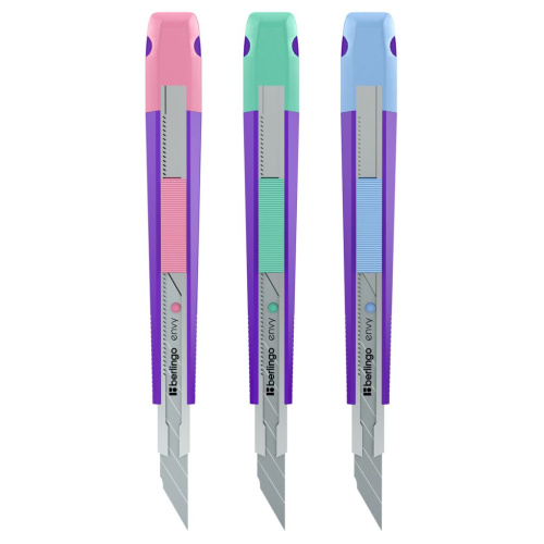 Нож канцелярский Berlingo "Envy" 9 мм, auto-lock, металл. направл., зеленый, европодвес