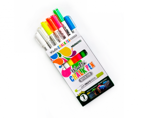 Набор маркеров меловых Mungyo 7 цв (белый - 2 шт, желтый, оранжевый, голубой, зеленый, розовый) в ка