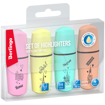 Набор текстовыделителей Berlingo "Textline HP100" мини, 4 цв., 1-5 мм, пастельные цвета, европодвес