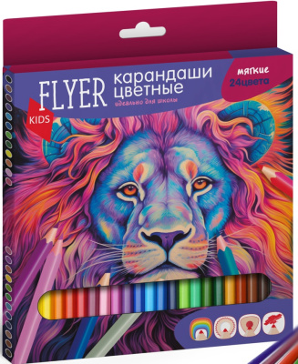 Набор карандашей цветных FLYER "ЛЕВ", 24 цвета, трехгранная форма, толщина грифеля 3 мм