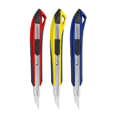 Нож канцелярский Berlingo "Razzor 300" 9 мм, auto-lock, металл. направл., мягкие вставки, желтый, ев