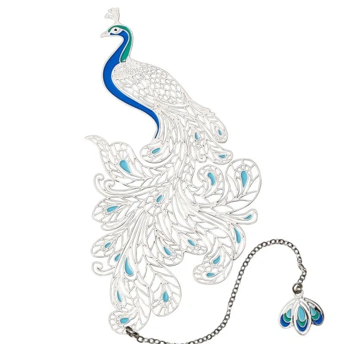 Закладка для книг с подвеской "Павлин распускает перья" (серебристая медь)