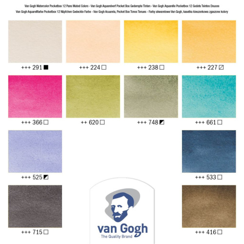 Набор акварели Talens "Van Gogh" Muted Colours (приглушенные цвета) 12 кювет + кисть, пластиковая у