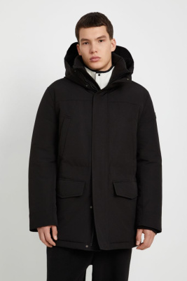 Пуховое полупальто с накладными карманами и капюшоном