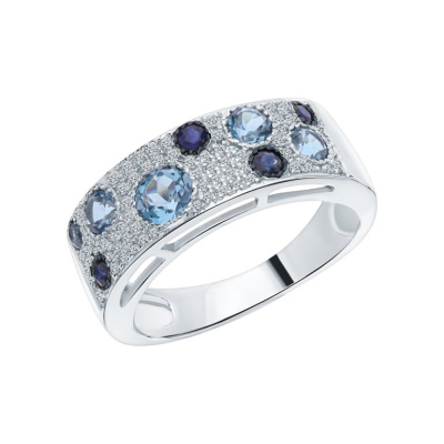 Золотое кольцо с бриллиантами природными, топазами природными и сапфирами природными