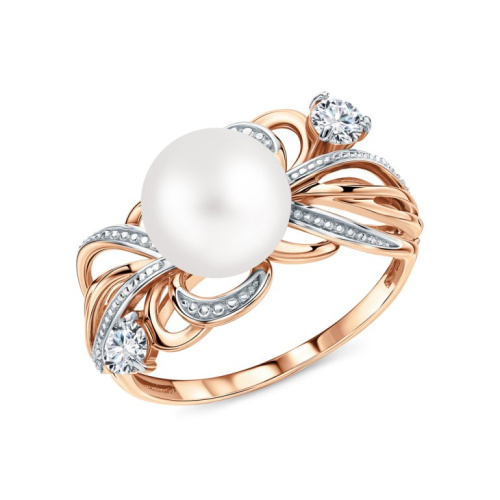 Золотое кольцо с бриллиантами природными и жемчугом