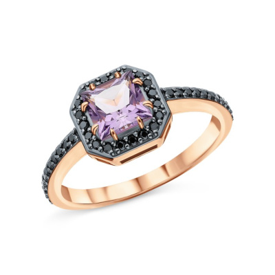 Золотое кольцо с бриллиантами природными и аметистом природным