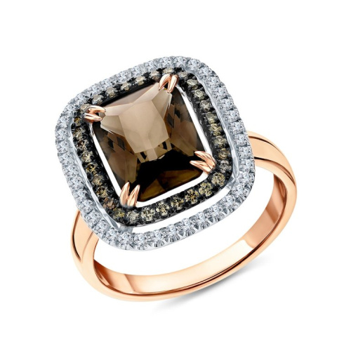 Золотое кольцо с бриллиантами природными и кварцами природными