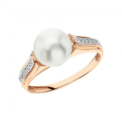 Золотое кольцо с бриллиантами природными и жемчугом природным культивированным