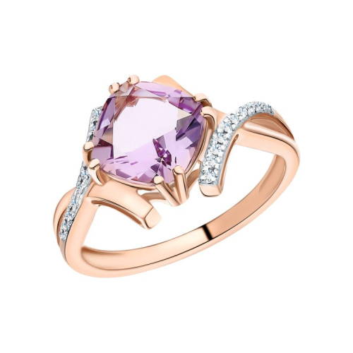 Золотое кольцо с бриллиантами природными и аметистами природными