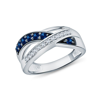 Серебряное кольцо с фианитами и сапфирами природными