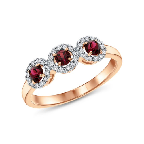 Золотое кольцо с бриллиантами природными и родолитами природными