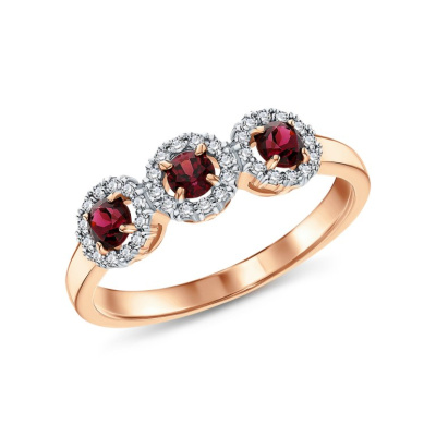 Золотое кольцо с бриллиантами природными и родолитами природными