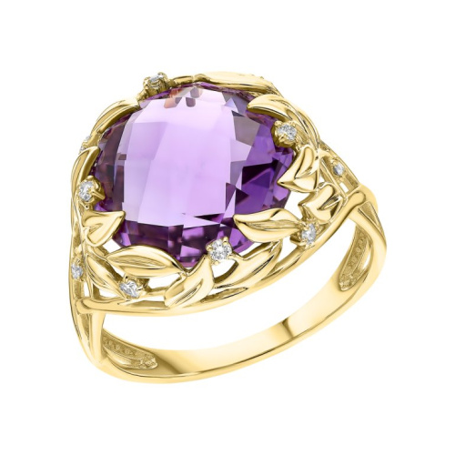 Золотое кольцо с бриллиантами природными и аметистами природными