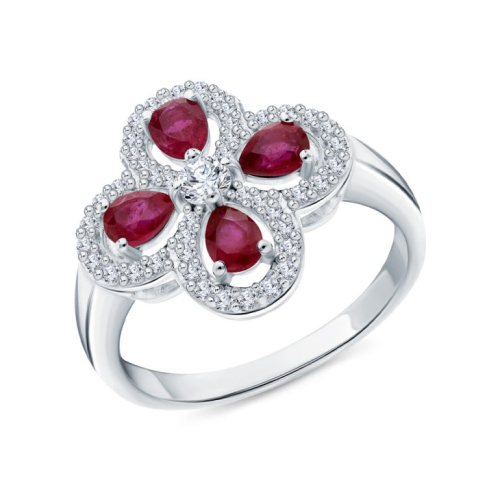 Серебряное кольцо с фианитами и рубинами природными