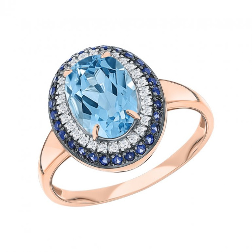 Золотое кольцо с бриллиантами природными, топазами природными и сапфирами природными