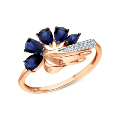 Золотое кольцо с бриллиантами природными и сапфирами выращенными