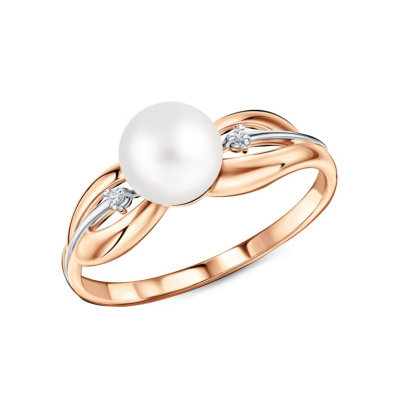 Золотое кольцо с бриллиантами природными и жемчугом природным культивированным