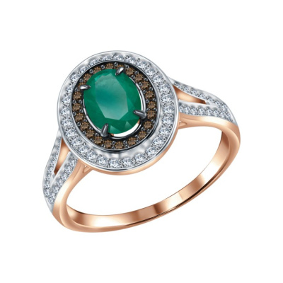 Золотое кольцо с изумрудом природным и  коньячными бриллиантами природными