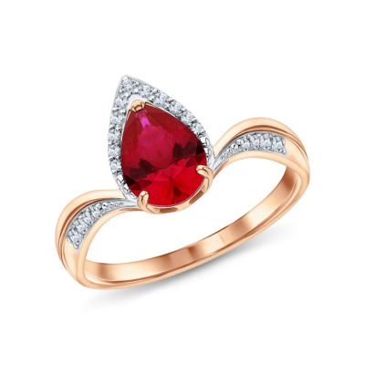 Золотое кольцо с бриллиантами природными и рубинами выращенными