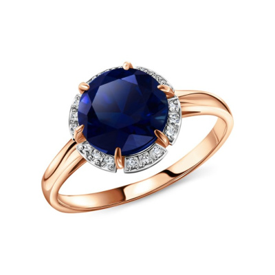 Золотое кольцо с бриллиантами природными и сапфирами выращенными