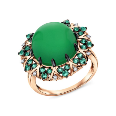Золотое кольцо с бриллиантами природными, изумрудами природными и агатами природными