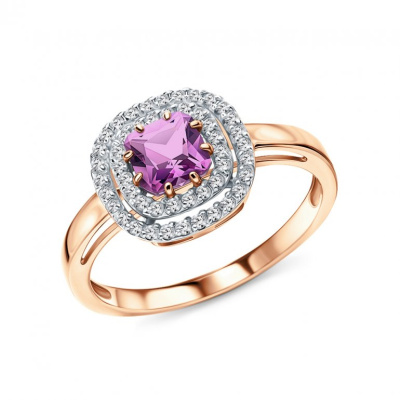 Золотое кольцо с бриллиантами природными и аметистами природными