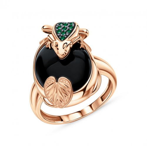 Золотое кольцо с изумрудами природными и ониксом природным