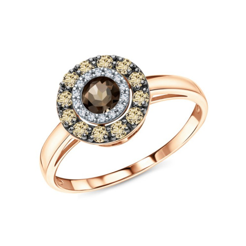 Золотое кольцо с бриллиантами коньячными природными и кварцами дымчатыми природными