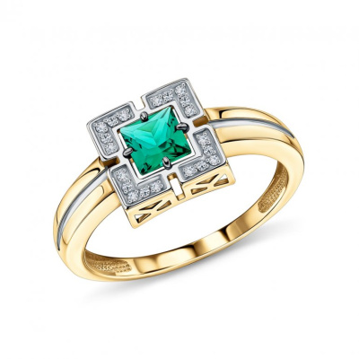 Золотое кольцо с бриллиантами природными и изумрудами выращенными