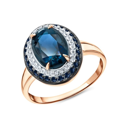 Золотое кольцо с бриллиантами природными, топазами природными и сапфирами природными