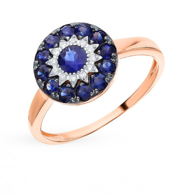 Золотое кольцо с бриллиантами природными и сапфирами природными