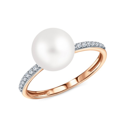 Золотое кольцо с бриллиантами природными и жемчугом