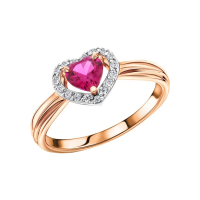 Золотое кольцо с бриллиантами природными и рубинами выращенными