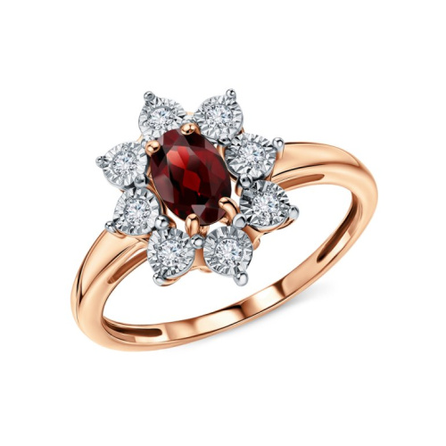 Золотое кольцо с бриллиантами природными и гранатами природными