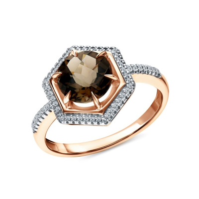 Золотое кольцо с бриллиантами природными и кварцами дымчатыми природными