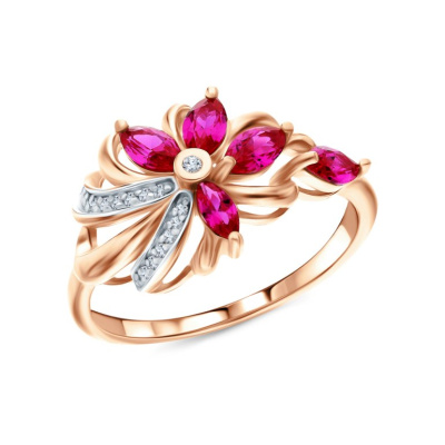 Золотое кольцо с бриллиантами природными и рубинами выращенными