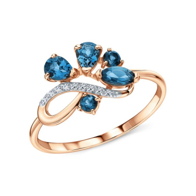 Золотое кольцо с бриллиантами природными и топазами природными