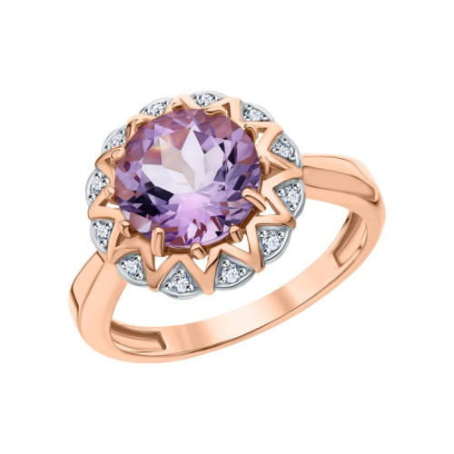 Золотое кольцо с бриллиантами природными и аметистами природными