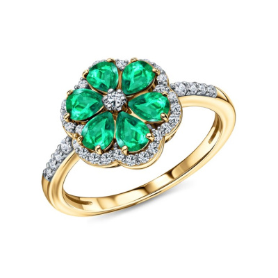 Золотое кольцо с бриллиантами природными и изумрудами природными