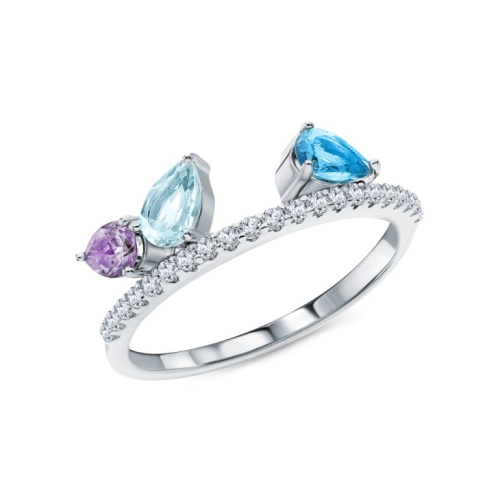 Серебряное кольцо с фианитами, топазами природными и аметистами природными