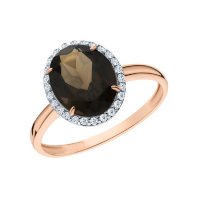 Золотое кольцо с фианитами и кварцем дымчатым природным