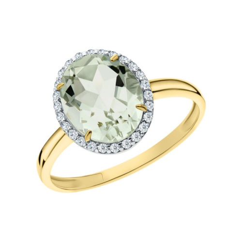 Золотое кольцо с фианитами и празиолитом природным