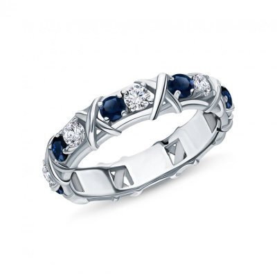 Серебряное кольцо с фианитами и сапфирами природными