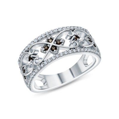 Серебряное кольцо с фианитами и кварцами дымчатыми природными