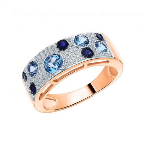 Золотое кольцо с бриллиантами природными, топазами природными и сапфирами природными