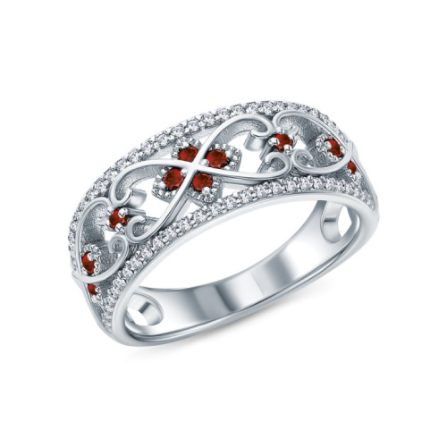 Серебряное кольцо с фианитами и гранатами природными