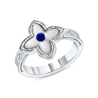 Серебряное кольцо с лазуритом, фианитами и перламутром природным