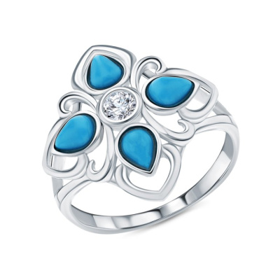Серебряное кольцо с фианитами и бирюзой синтетической