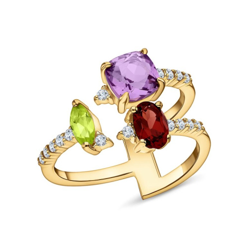 Серебряное кольцо с фианитами, гранатами природными, аметистами природными и хризолитами природными